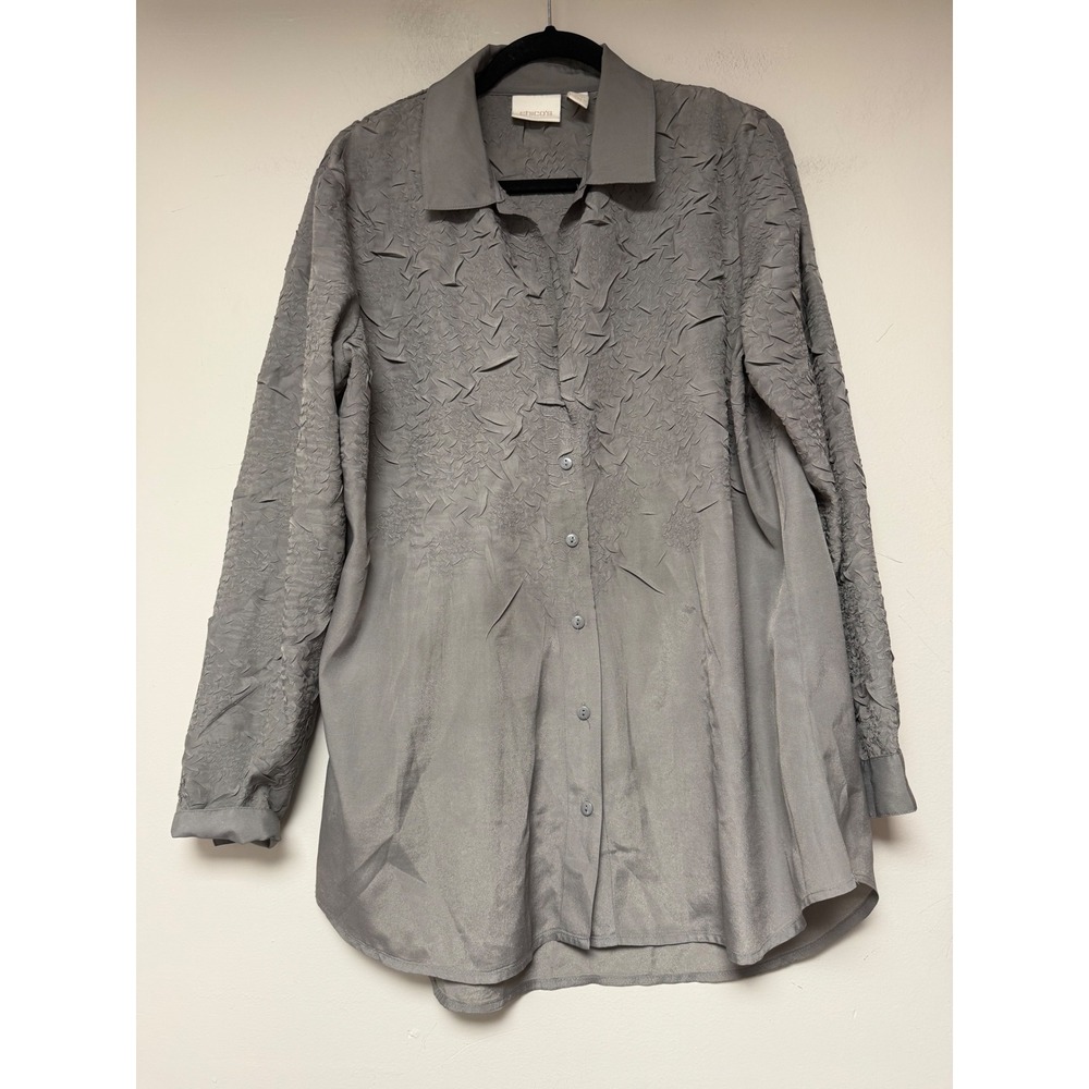 Chicos Gray Textured‎ Button Down Shirt Tunic Top Size 2